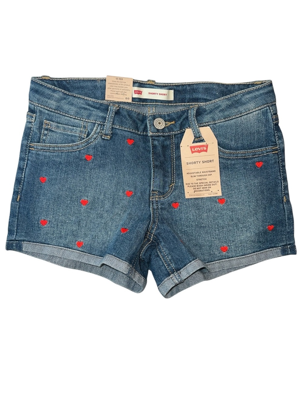 🌟NWT🌟 Levi's Girls Blue Denim Shorty Short with Red Heart ❤️ Accents - Size 12